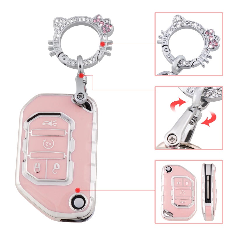 Pangpai Pink Key Fob Cover for Jeep, Soft TPU Key Case Protection with Bling Keychain Fit for 2018-2022 Jeep Gladiator Wrangler Sahara Rubicon - Image 4